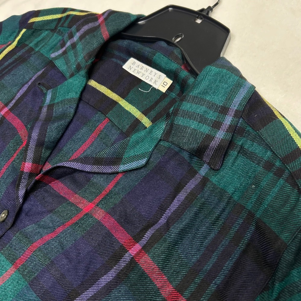 Barneys New York Womens Plaid Button Front Blouse Green Navy Red Size 10
